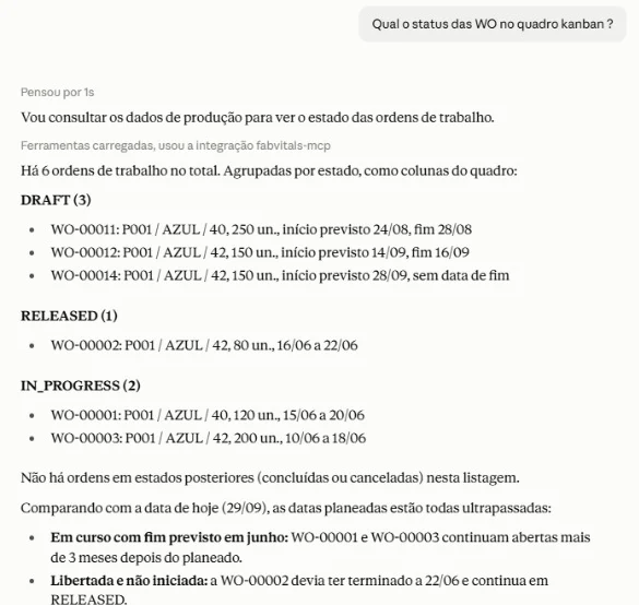 Conversa com o assistente: o estado das ordens de fabrico, agrupadas como as colunas de um quadro kanban