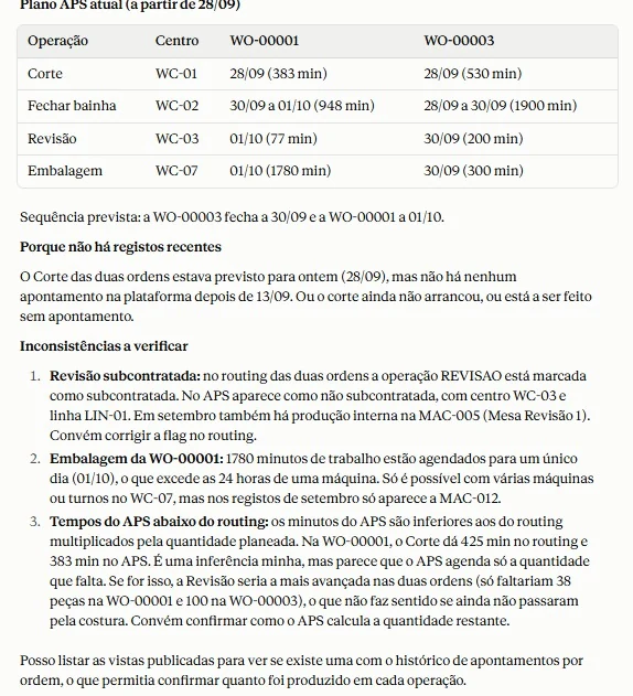 Conversa com o assistente: o plano atual de duas ordens por operação, e incoerências a verificar