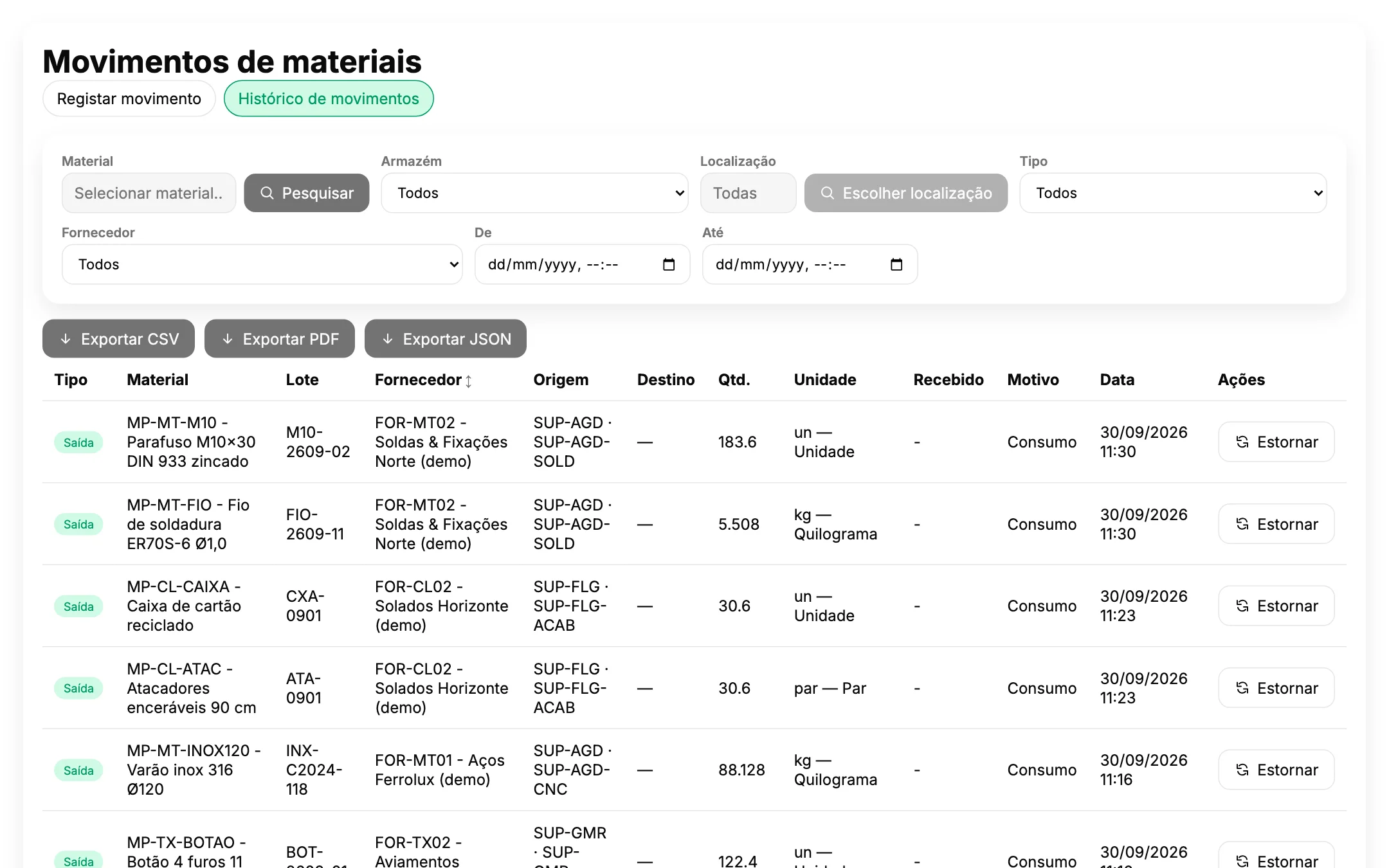 Histórico de movimentos de materiais
