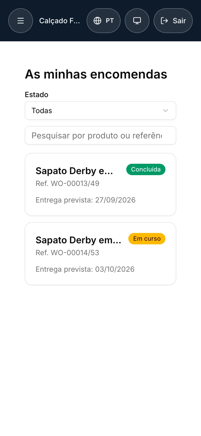 Lista de encomendas subcontratadas num telemóvel com estado e data de entrega prevista