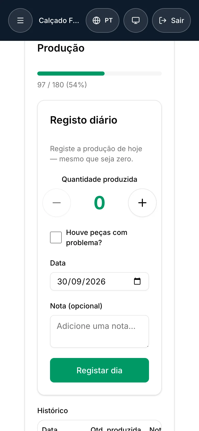 Registo diário de produção num telemóvel com o avanço da encomenda e botões de mais e menos