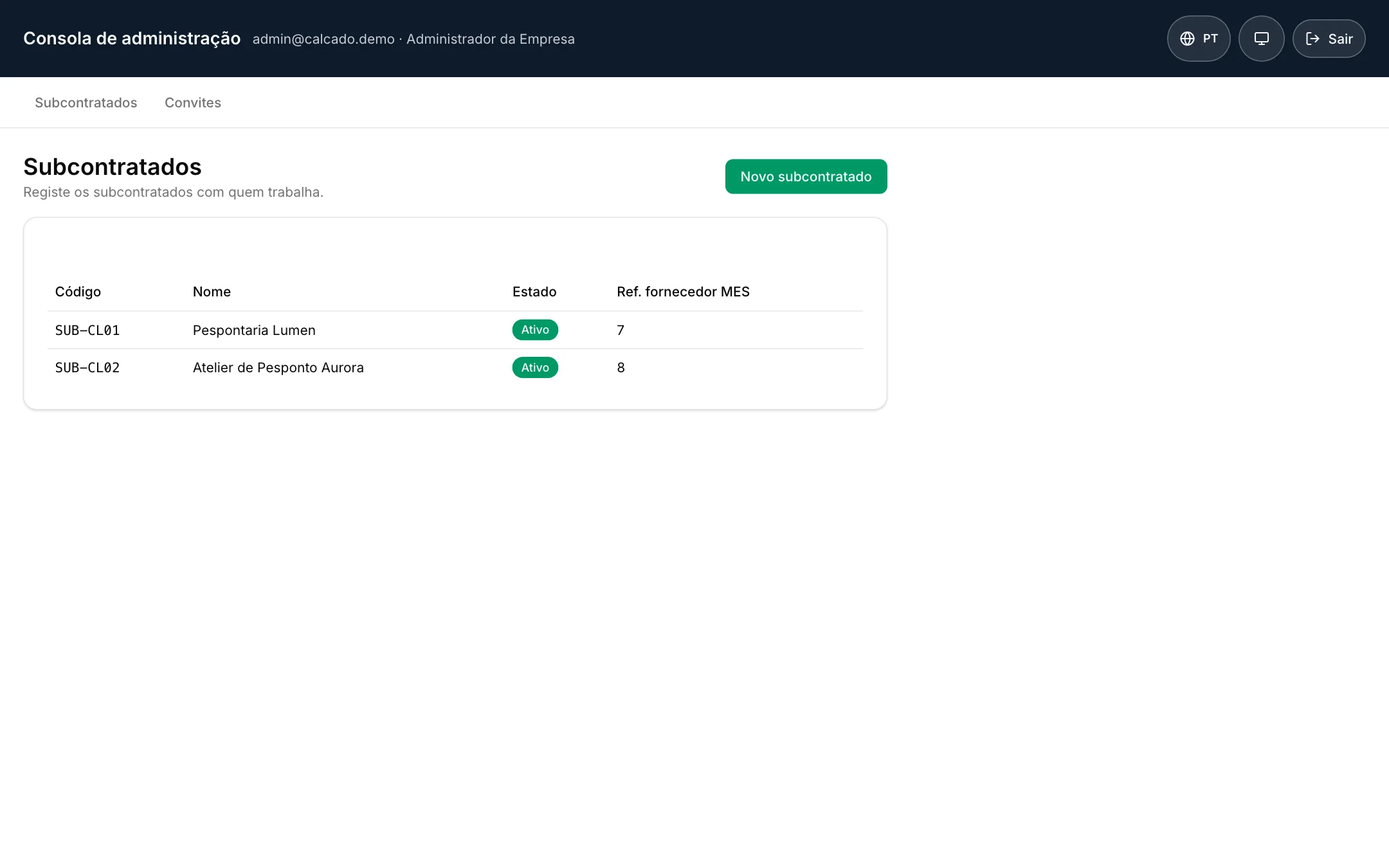 Consola da empresa com a lista dos subcontratados ligados ao portal
